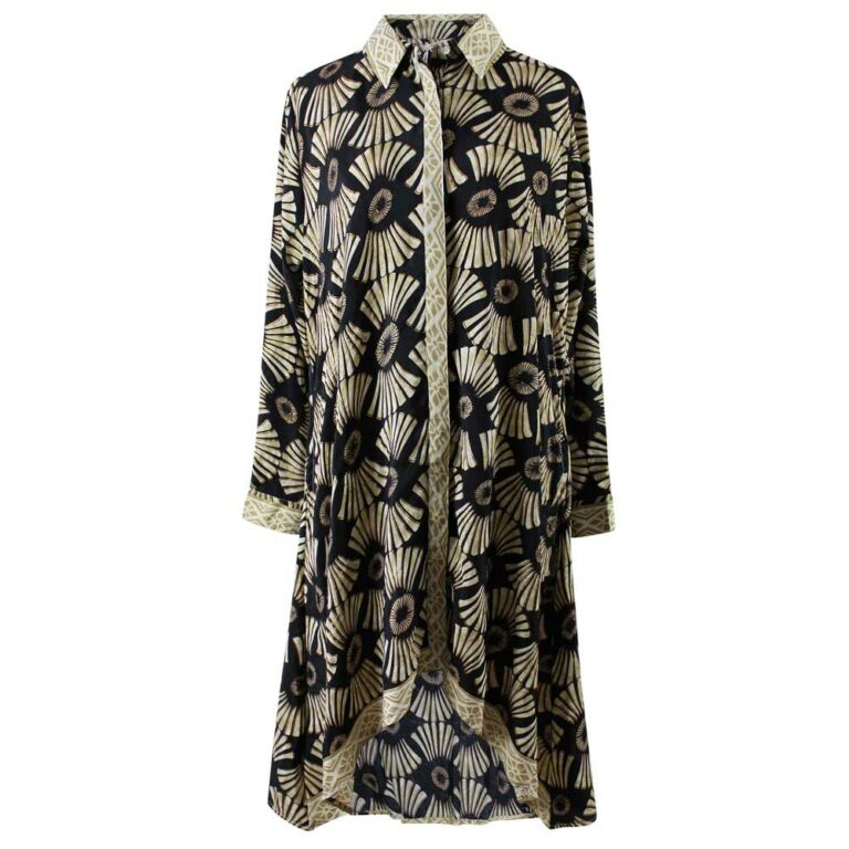 'Coco' Buttoned Black & Gold Fan Print Shirt Dress