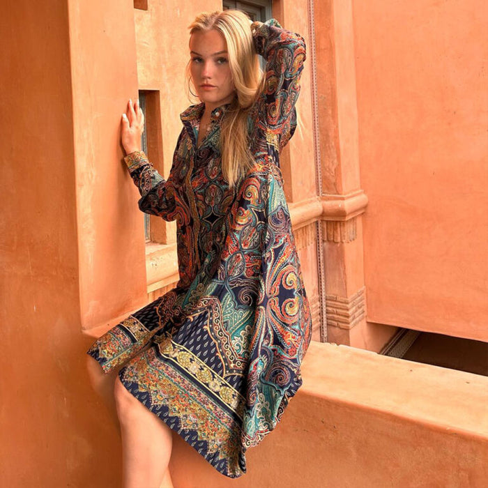 'Aya' Buttoned Navy & Turquoise Paisley Shirt Dress