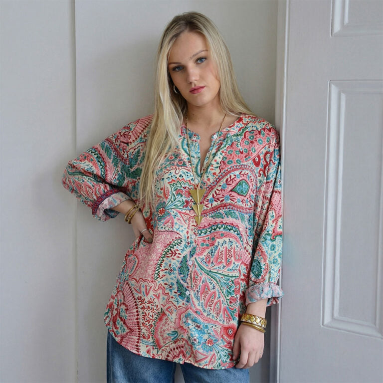 'Penny' Pink & Blue Paisley Button Down Shirt