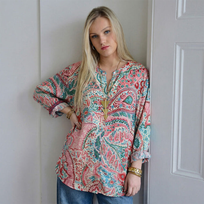 'Penny' Pink & Blue Paisley Button Down Shirt