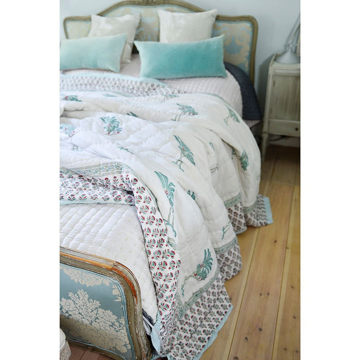 Mint Palm Tree Indian Block Printed Cotton Bed Quilt