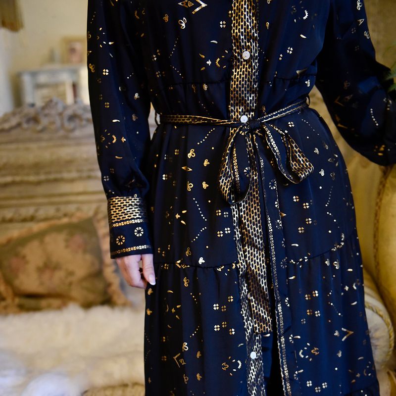 'Ember' Black & Gold Small Geo Print Long Tiered Dress