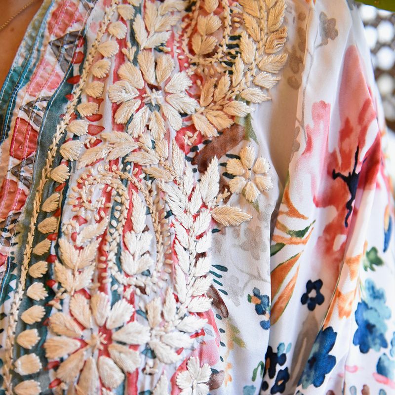 Watercolour Floral Viscose Kaftan with Heavy Cream Fishbone Embroidery