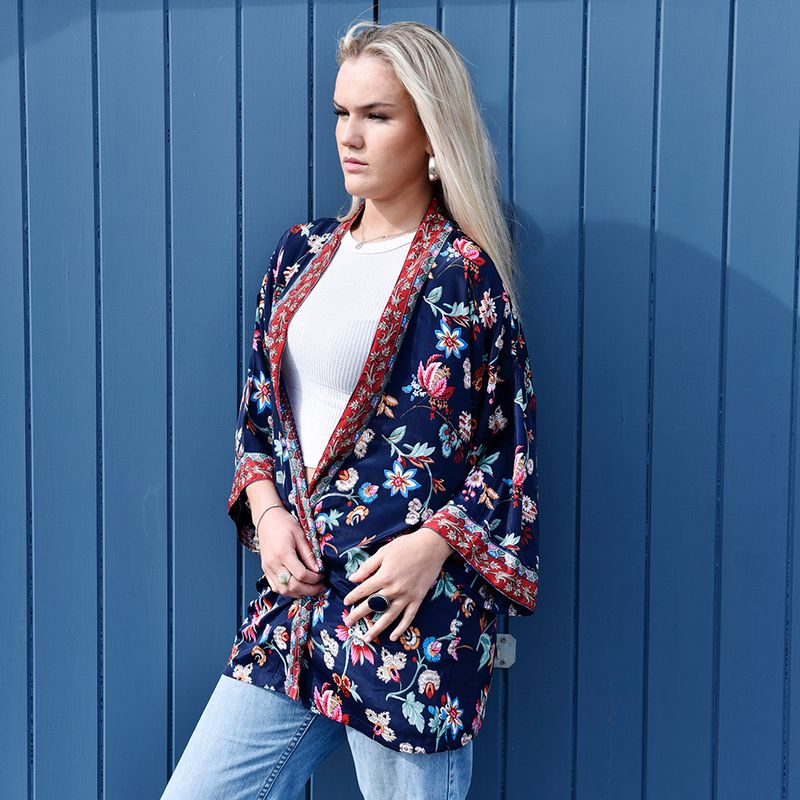 Navy Folk Floral Viscose Summer Jacket