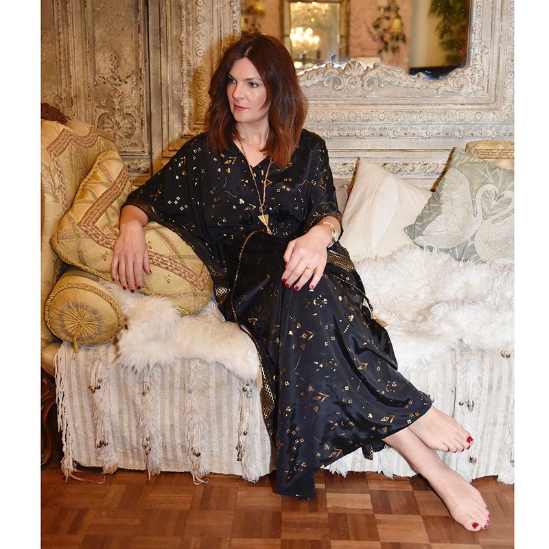 'Fable' Black & Gold Small Geo Print Kaftan Dress