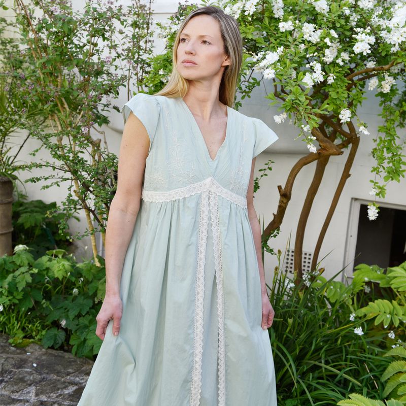 Ladies Green Cotton Lace Panel Nightdress 'Valerie'