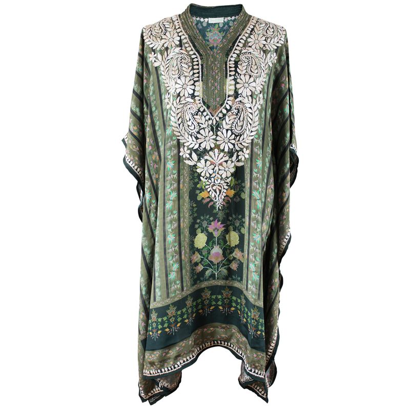Bohemian Floral Border Viscose Kaftan In Green with Heavy Cream Fishbone Embroidery
