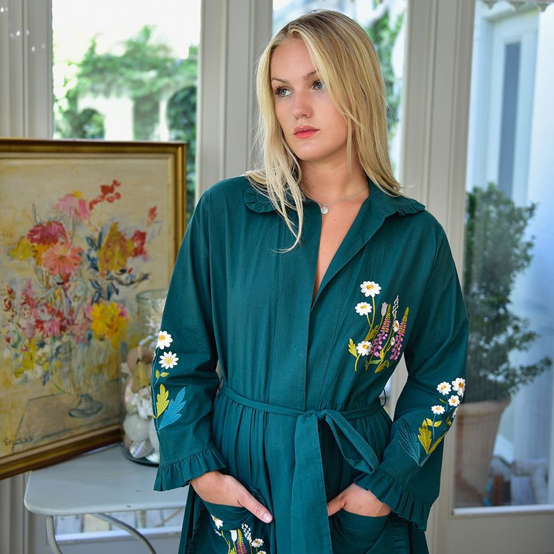 Forest Green Embroidered Floral Cotton Dressing Gown