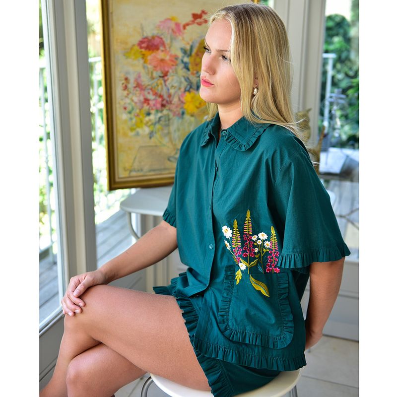 Forest Green Embroidered Floral Cotton Short Pyjama Set