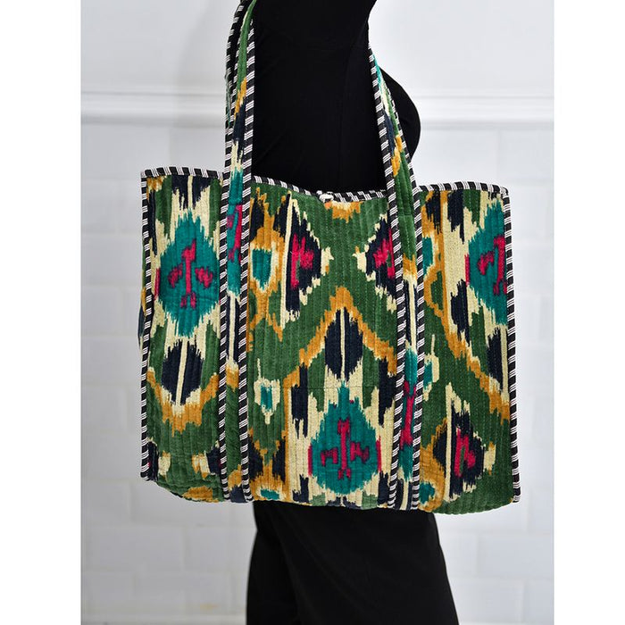 Green Velvet Ikat Quilted Shopper Bag