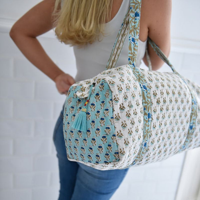 Block Printed Aqua, White & Green Floral Quilted Duffle Bag