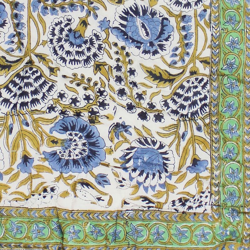 Green & Blue Floral Indian Block Printed Cotton Bed Quilt