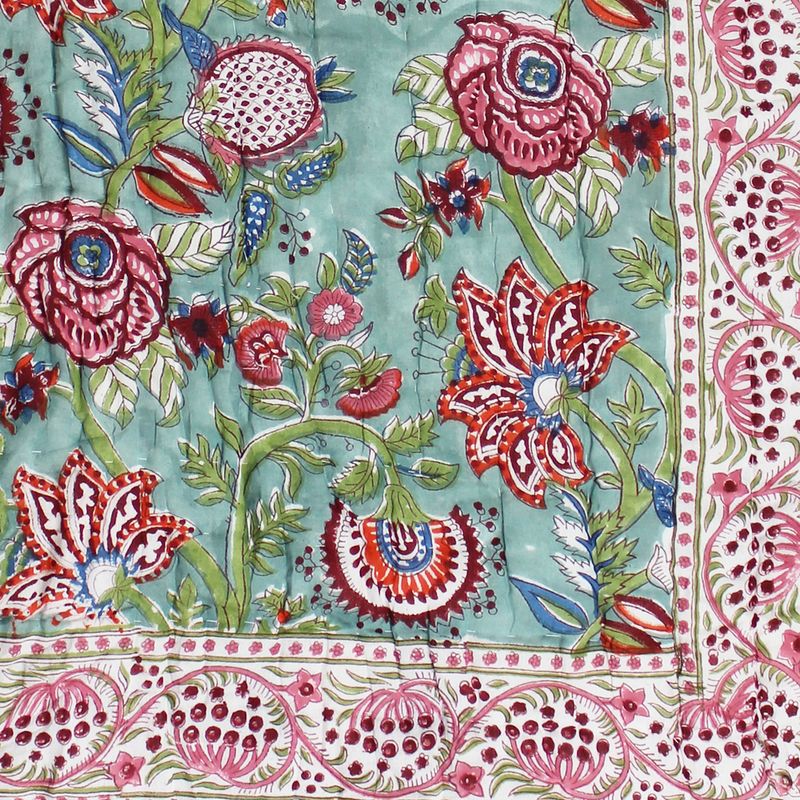 Turquoise, Pink & Burgundy Floral Indian Block Printed Cotton Bed Quilt