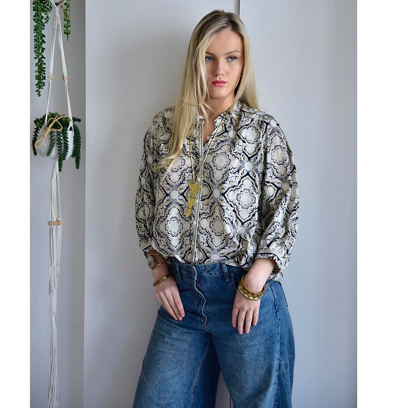Black, White & Gold Arabesque Print Button Down Shirt