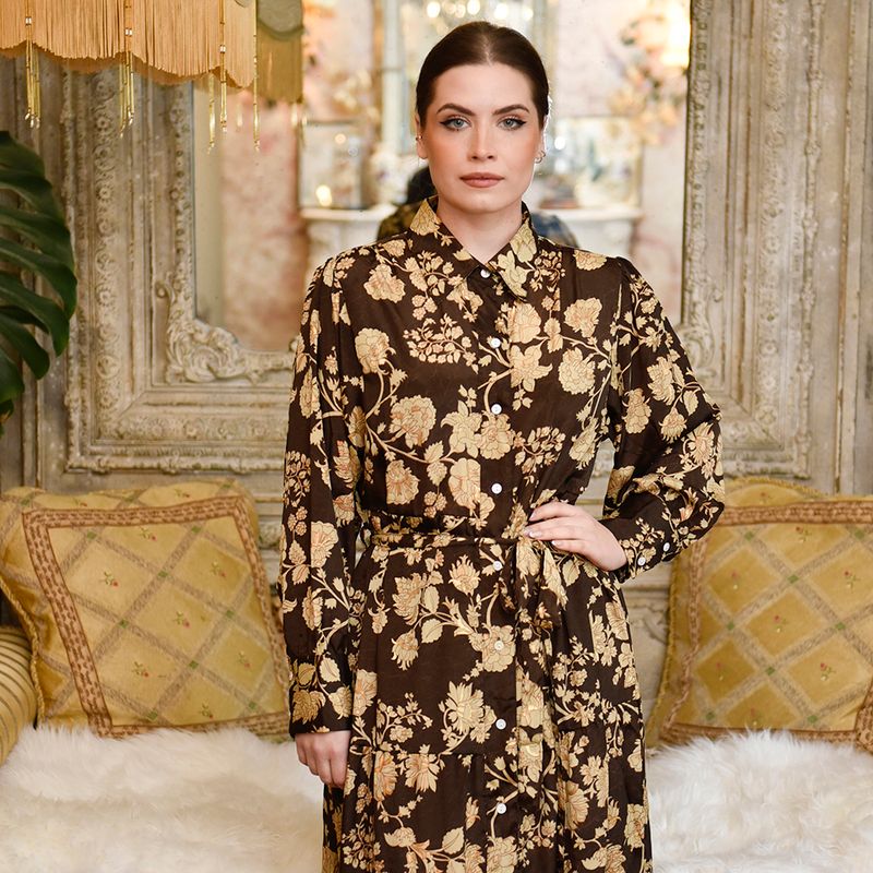 'Mika' Rich Brown & Gold Floral Print Long Tiered Dress