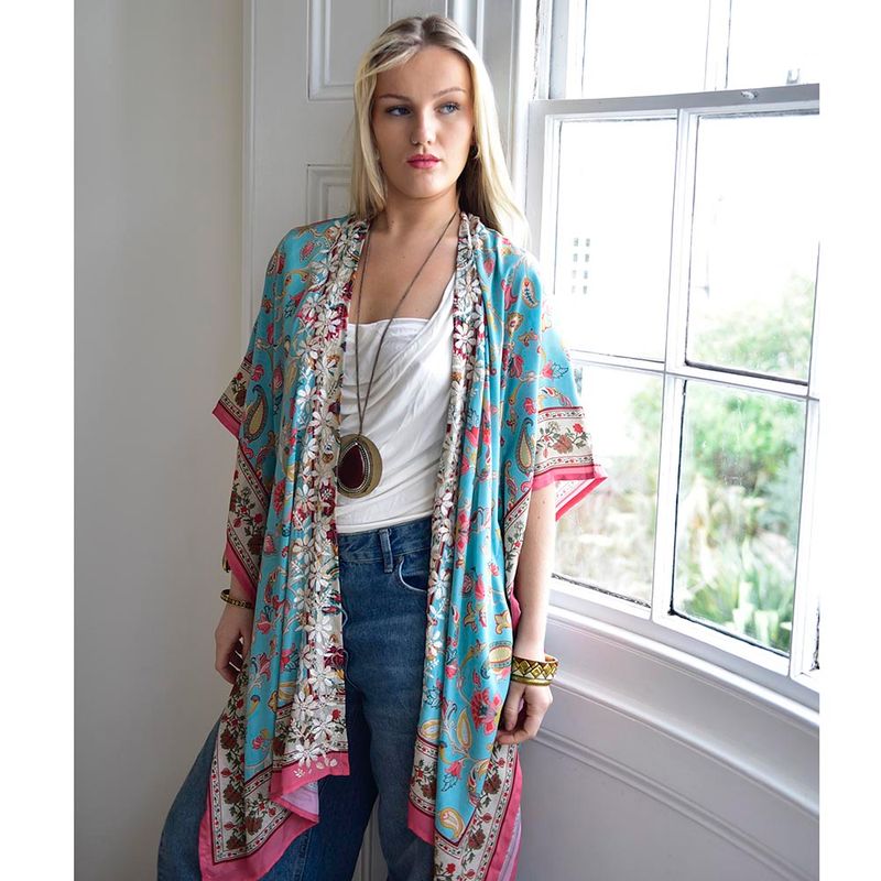 Exotic Floral Viscose Kaftan Jacket with Heavy Cream Fishbone Embroidery
