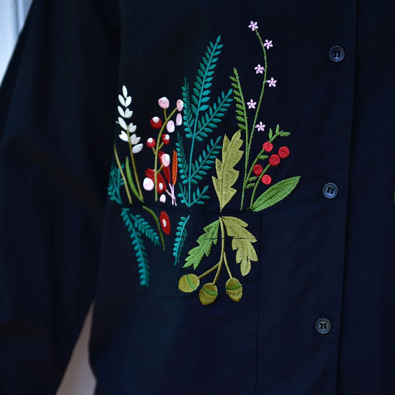 Midnight Black Embroidered Woodland Cotton Pyjamas