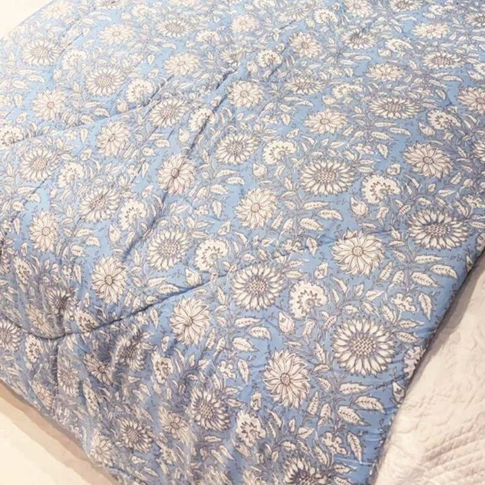 Block Printed Blue Cornflower Cotton Indian Bed Quilt