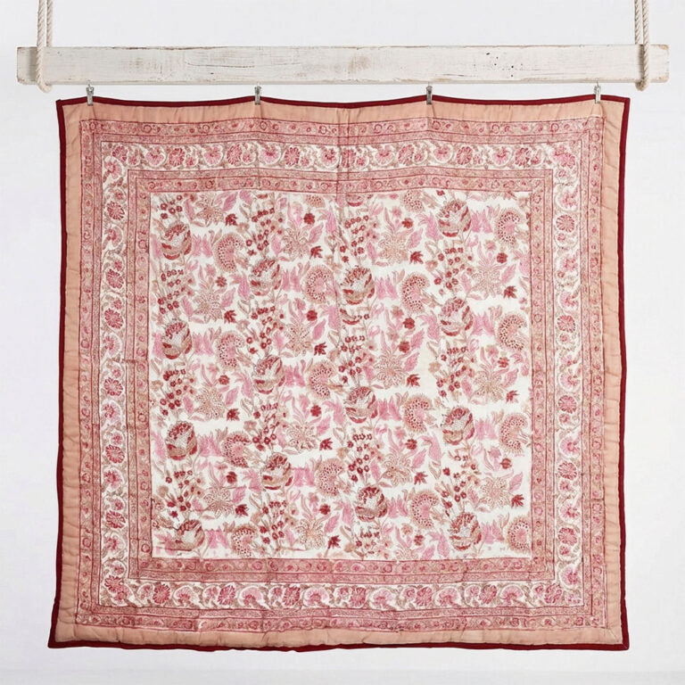 Blush, Pink & Red Floral Indian Block Printed Cotton Bed Quilt