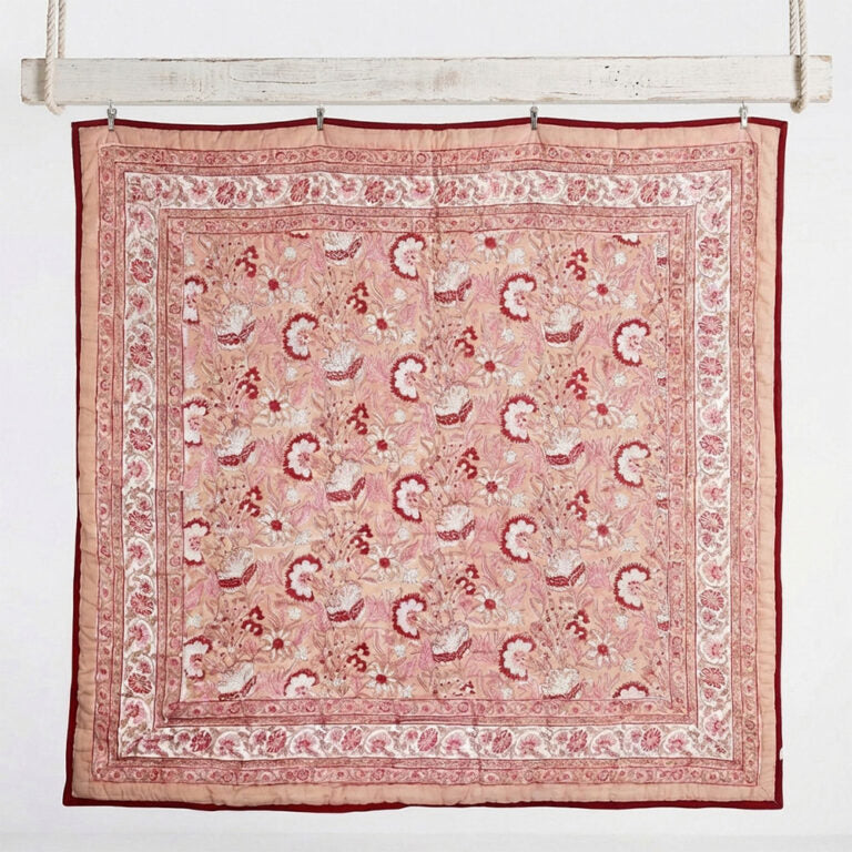 Blush, Pink & Red Floral Indian Block Printed Cotton Bed Quilt