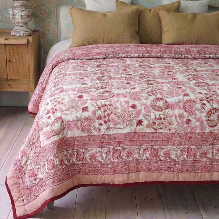 Blush, Pink & Red Floral Indian Block Printed Cotton Bed Quilt