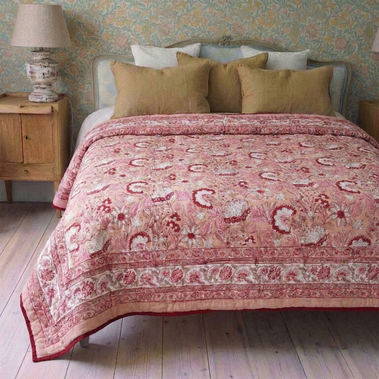 Blush, Pink & Red Floral Indian Block Printed Cotton Bed Quilt