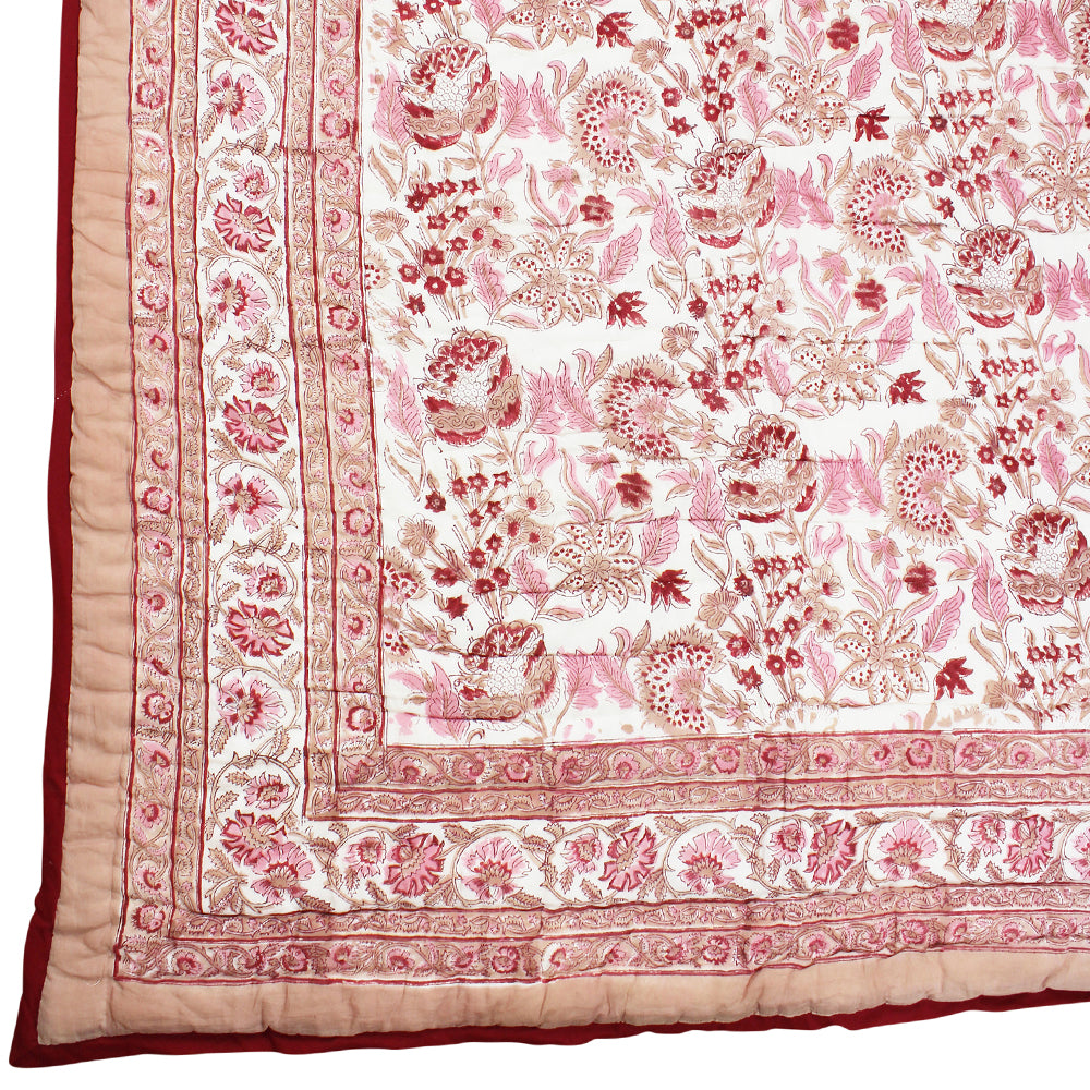 Blush, Pink & Red Floral Indian Block Printed Cotton Bed Quilt