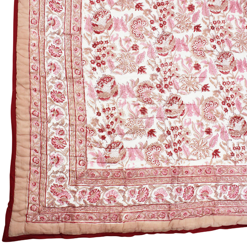 Blush, Pink & Red Floral Indian Block Printed Cotton Bed Quilt