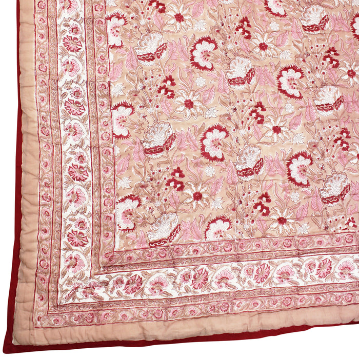 Blush, Pink & Red Floral Indian Block Printed Cotton Bed Quilt
