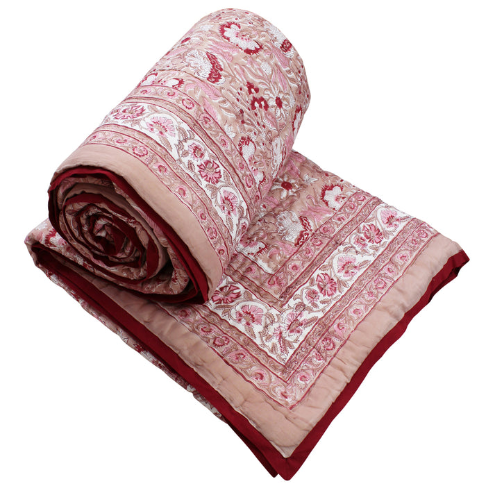 Blush, Pink & Red Floral Indian Block Printed Cotton Bed Quilt