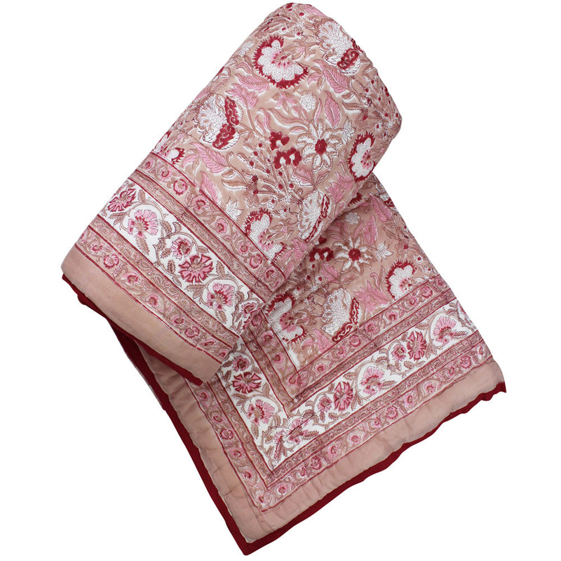 Blush, Pink & Red Floral Indian Block Printed Cotton Bed Quilt