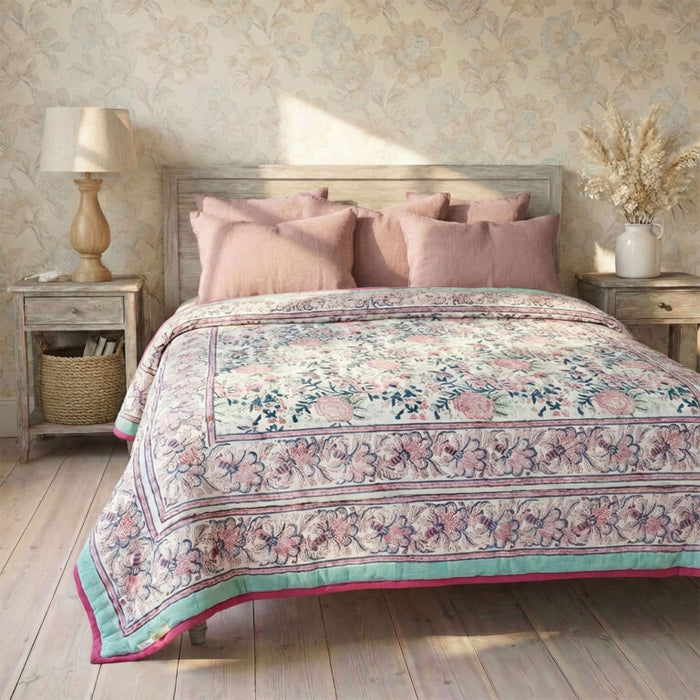 Turquoise & Pink Floral Indian Block Printed Cotton Bed Quilt
