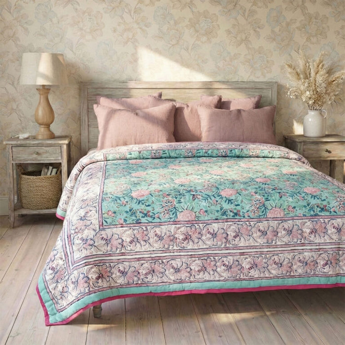 Turquoise & Pink Floral Indian Block Printed Cotton Bed Quilt