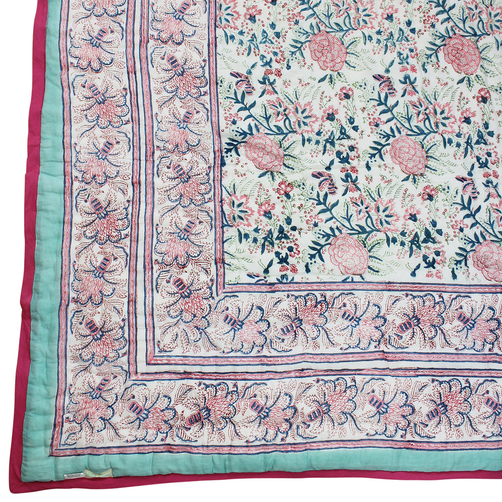 Turquoise & Pink Floral Indian Block Printed Cotton Bed Quilt