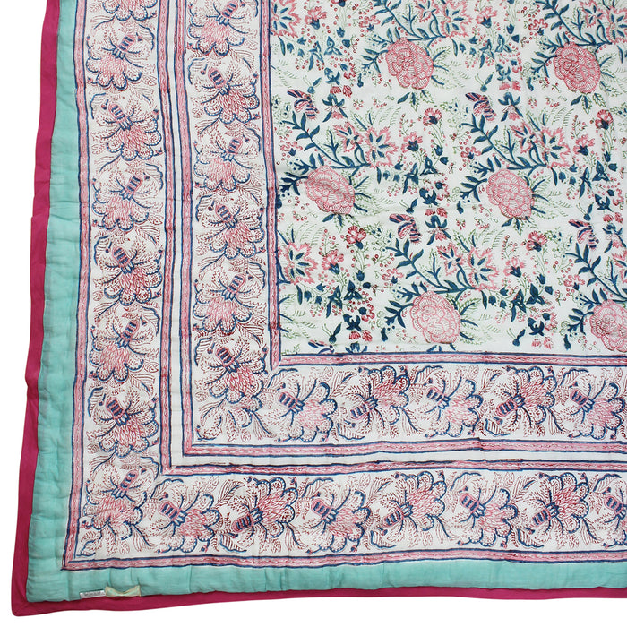 Turquoise & Pink Floral Indian Block Printed Cotton Bed Quilt