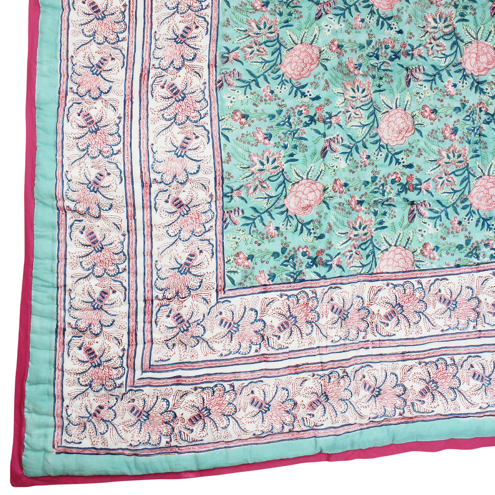 Turquoise & Pink Floral Indian Block Printed Cotton Bed Quilt