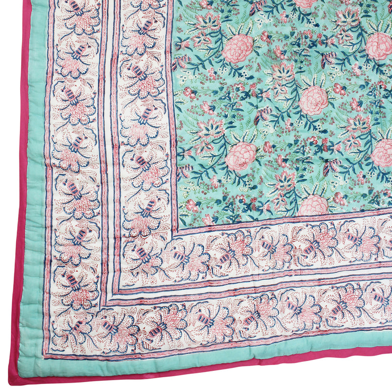 Turquoise & Pink Floral Indian Block Printed Cotton Bed Quilt