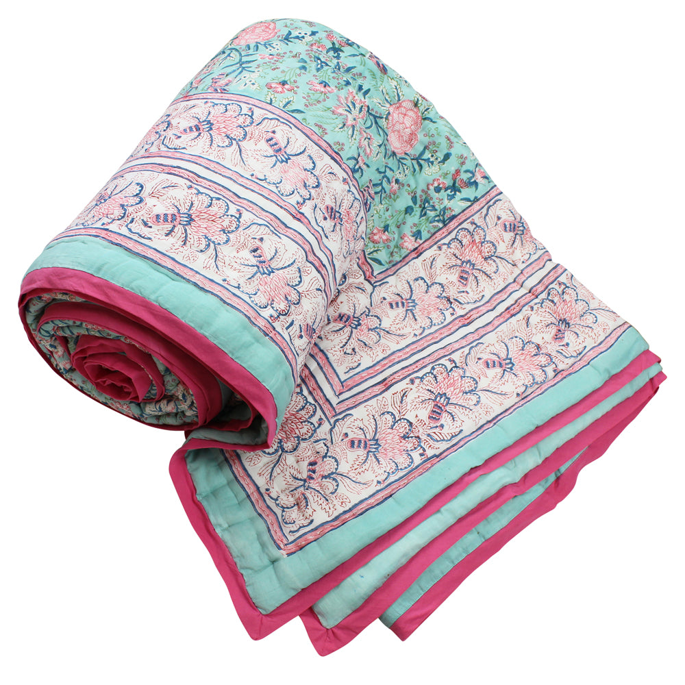 Turquoise & Pink Floral Indian Block Printed Cotton Bed Quilt