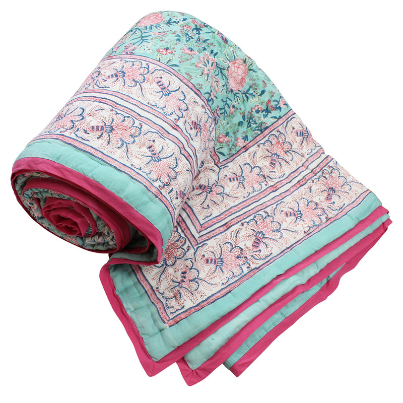 Turquoise & Pink Floral Indian Block Printed Cotton Bed Quilt