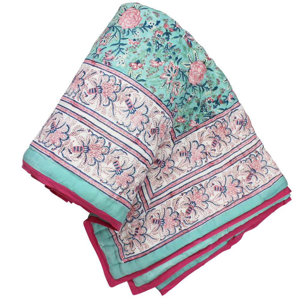 Turquoise & Pink Floral Indian Block Printed Cotton Bed Quilt