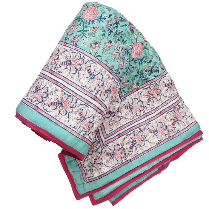 Turquoise & Pink Floral Indian Block Printed Cotton Bed Quilt