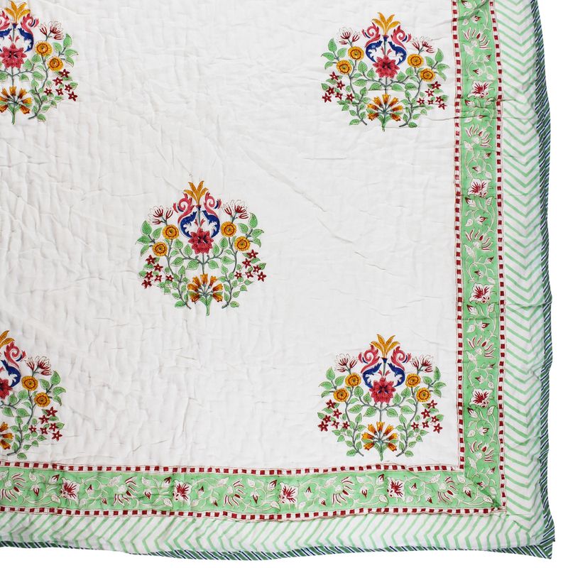 Colourful Floral Motif Indian Block Printed Cotton Bed Quilt
