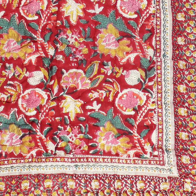 Deep Red, Green & Mustard Floral Indian Block Printed Cotton Bed Quilt