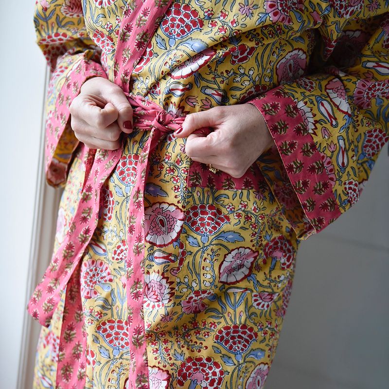 Yellow & Pink Carnation Cotton Dressing Gown