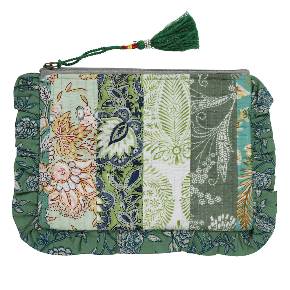 Block Printed Patchwork Style Green Floral Quilted Ruffle Make Up Bag