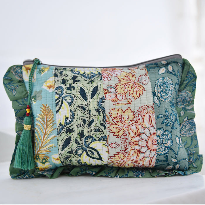 Block Printed Patchwork Style Green Floral Quilted Ruffle Make Up Bag