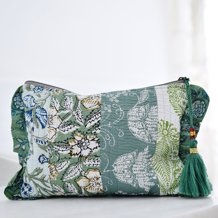 Block Printed Patchwork Style Green Floral Quilted Ruffle Make Up Bag