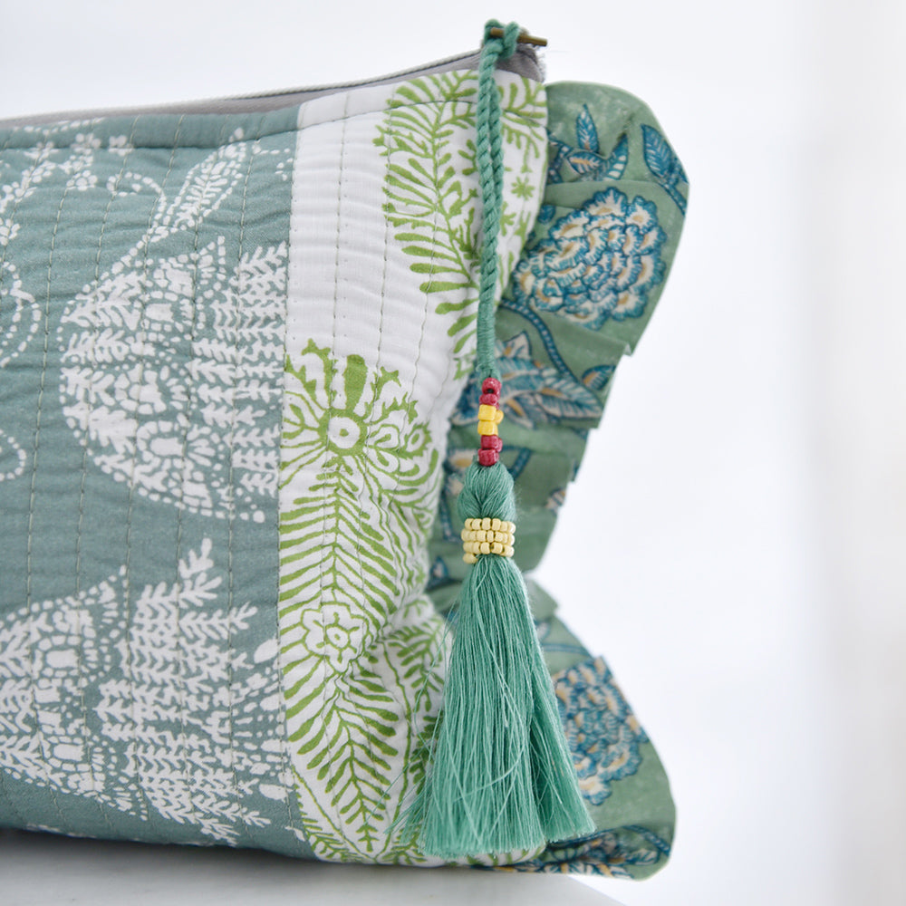Block Printed Patchwork Style Green Floral Quilted Ruffle Make Up Bag