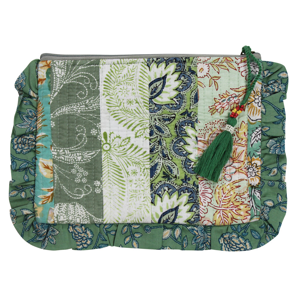 Block Printed Patchwork Style Green Floral Quilted Ruffle Make Up Bag