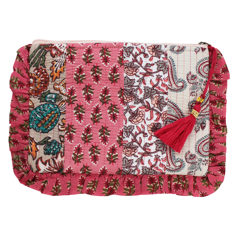 Block Printed Patchwork Style Red Floral Quilted Ruffle Make Up Bag